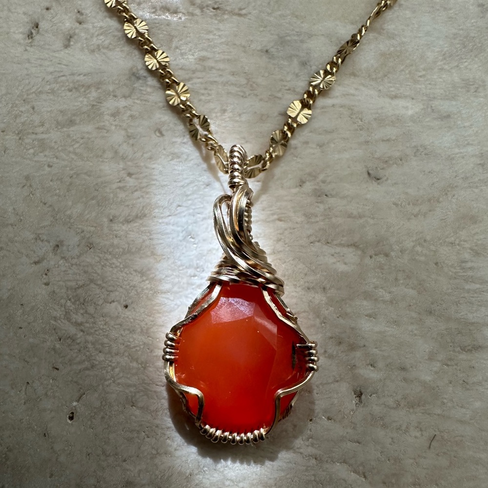 SALE - 14k Gold Fill Faceted Carnelian Gemstone Necklace Pendant